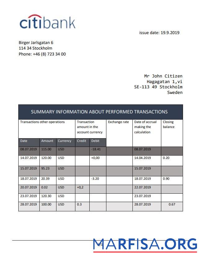 Printable Sweden Citibank bank statement word sample